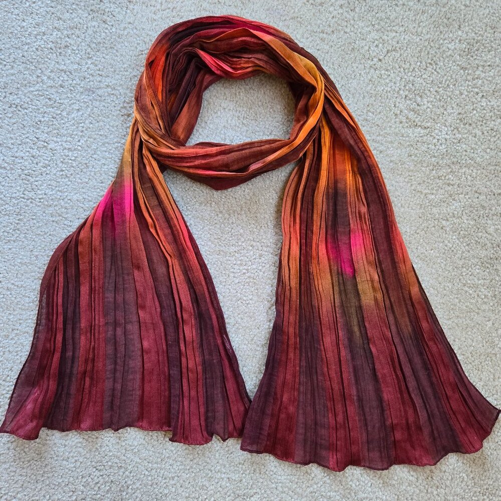 Silk Oblong Crinkle Scarf Vibrant Colors Burgundy Orange Pink